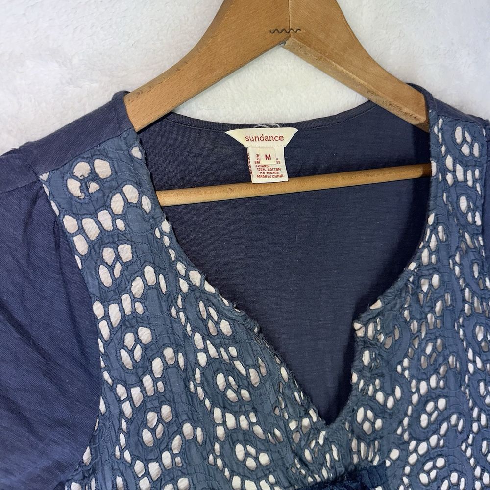 Sundance M Dress Blue Silk Blend‎ Eyelet Cut Short Sleeve V Neck Bow - Picture 5 of 8
